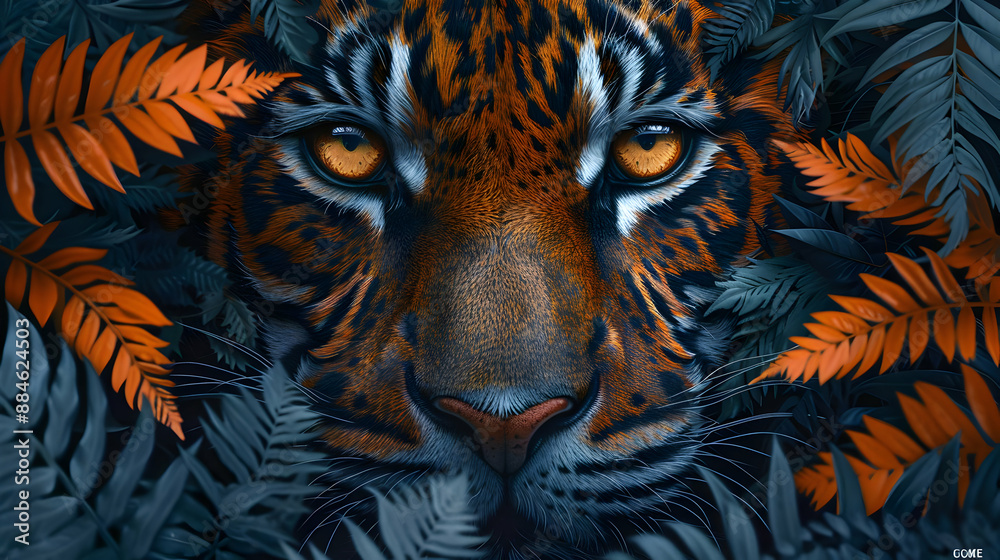 Tiger Close-Up in Lush Foliage Tiger Close-Up in Lush Foliage