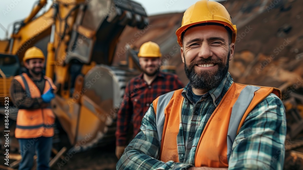 A happy construction worker with a beard and a helmet smiles confidently in front of an excavator, showcasing camaraderie and satisfaction in the workplace. A happy construction worker with a beard and a helmet smiles confidently in front of an excavator, showcasing camaraderie and satisfaction in the workplace.