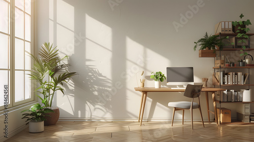 A window office with a desk and chair, a potted plant, and a computer