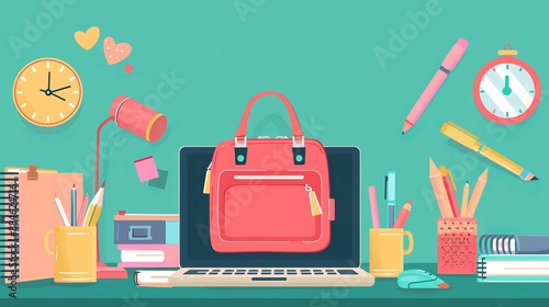 An aesthetically pleasing and organized desk setup showcasing a laptop, stationery, a backpack, and various office supplies, emphasizing creativity and workspace efficiency.