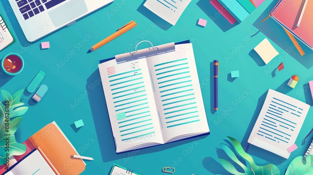 The image showcases a neatly organized desk with a notebook, laptop, study tools, and colorful accents, representing a productive and inspiring study environment.