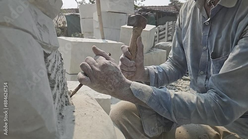 Indian Stone Carving Artist Crafting Hindu God Statue. Indian Art