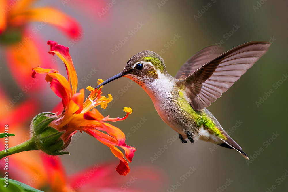 Fototapeta premium A close-up macro shot shows a hummingbird in mid-flight, enjoying nectar from a vibrant flower.
