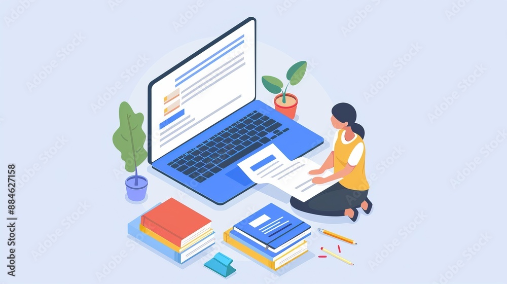 A colorful illustration shows a woman studying with a laptop and books spread around her in a well-lit environment, symbolizing dedication and learning in a modern educational setting. A colorful illustration shows a woman studying with a laptop and books spread around her in a well-lit environment, symbolizing dedication and learning in a modern educational setting.