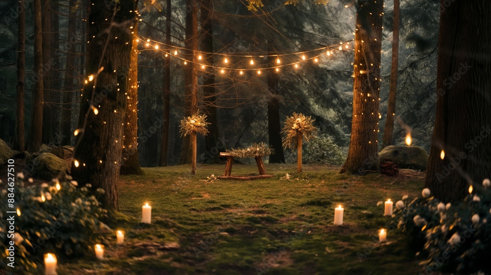 Enchanting Forest Wedding Setup with String Lights and Candles Enchanting Forest Wedding Setup with String Lights and Candles