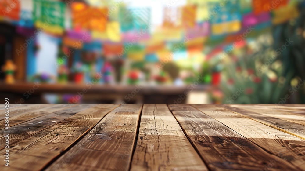 A brightly lit backyard featuring a wooden table and surrounded by hanging colorful flags, creating a festive and cheerful atmosphere perfect for gatherings. A brightly lit backyard featuring a wooden table and surrounded by hanging colorful flags, creating a festive and cheerful atmosphere perfect for gatherings.