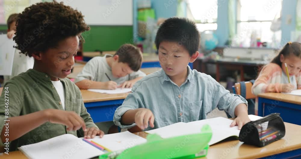 Learning, students and kids help to study in classroom for knowledge, test and writing exam. Friends, talking and team in lesson for education or children drawing in kindergarten together at school Learning, students and kids help to study in classroom for knowledge, test and writing exam. Friends, talking and team in lesson for education or children drawing in kindergarten together at school