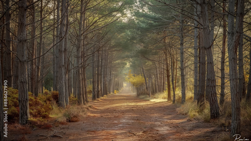 Fototapeta premium Serene Forest Pathway with Sunlight Filtering Through Trees