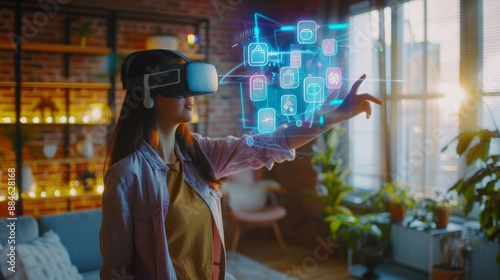 Smart shopping. A woman is shopping with her augmented reality glasses in her living room. Buying online with an AR/VR headset , technology concept.