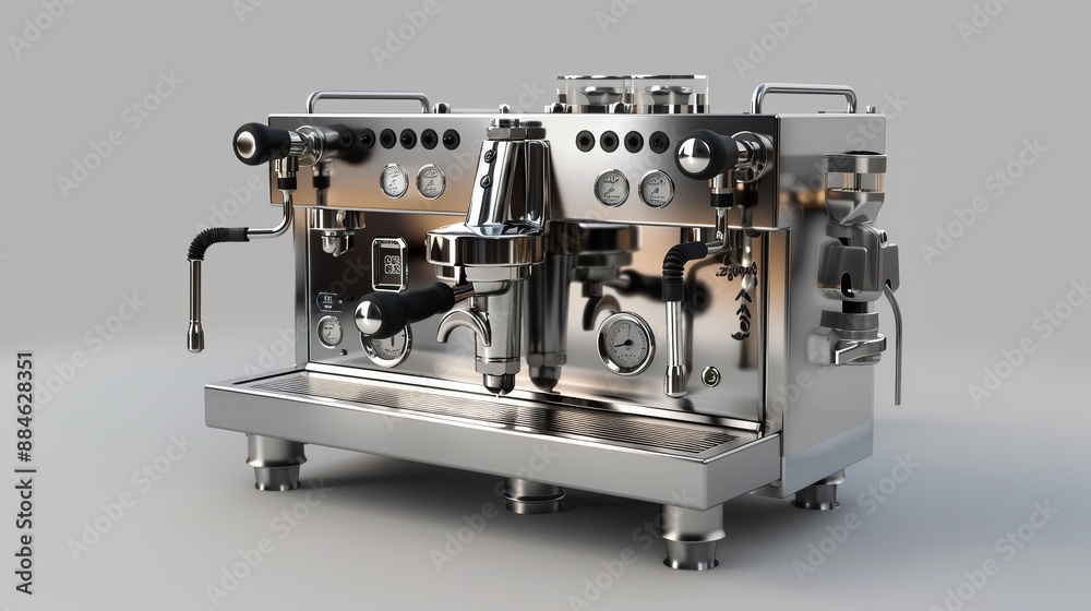 Fototapeta premium A sophisticated, high-end espresso machine made of stainless steel, equipped with multiple dials and levers, ready for brewing the perfect cup in a professional or home setting.