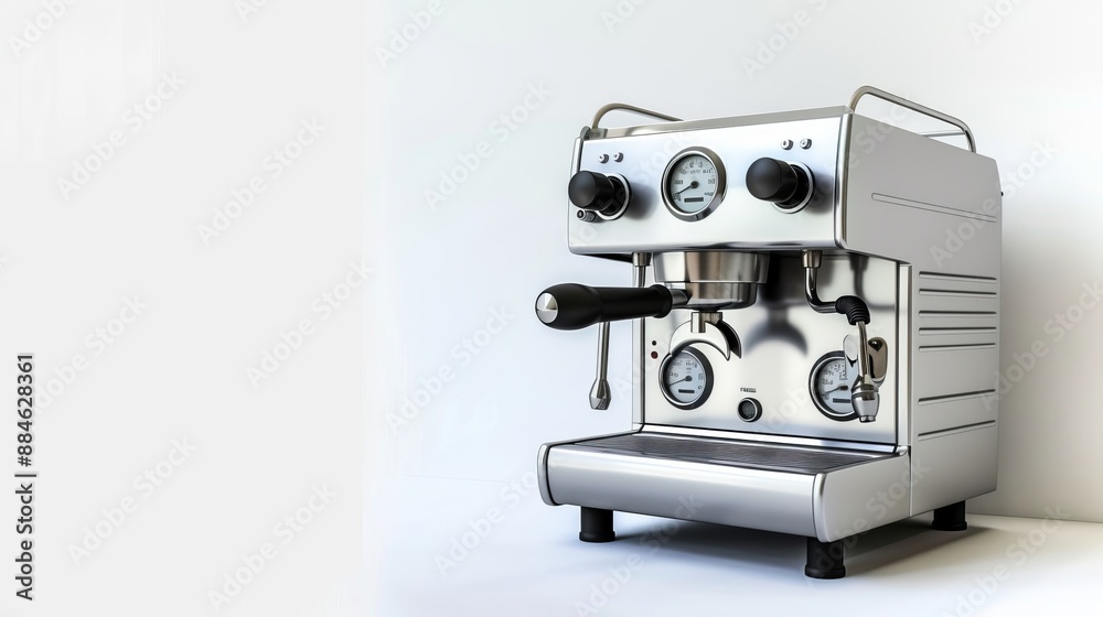 A compact and sleek white espresso machine featuring black dial knobs and a minimalist design, perfect for small kitchens or personal coffee stations. A compact and sleek white espresso machine featuring black dial knobs and a minimalist design, perfect for small kitchens or personal coffee stations.
