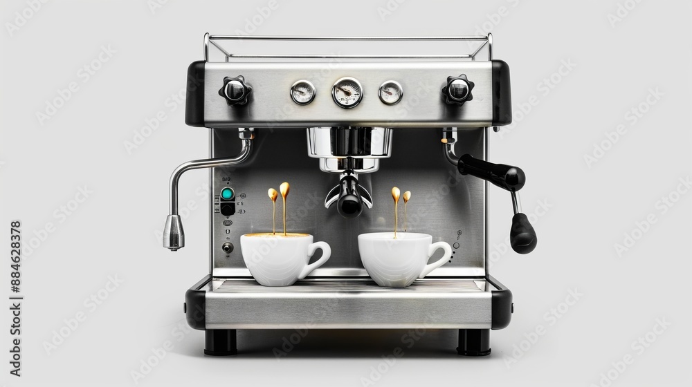 A detailed professional-grade espresso machine brewing coffee into two white cups. Features multiple dials and a robust design, ideal for commercial use in cafes and restaurants.