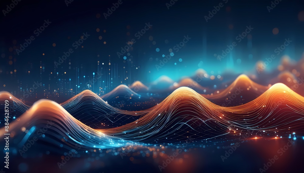 Naklejka premium Big data visualisation. Abstract digital particles. Cyber network background. Technology concept with lines and doth gloving. Generative ai image