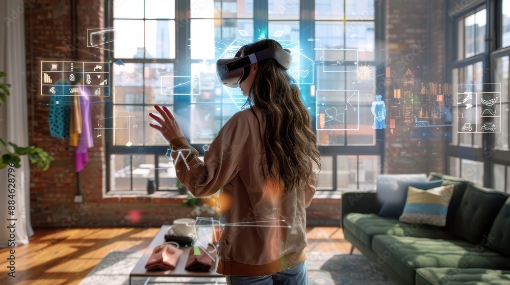 Smart shopping. A woman is shopping with her augmented reality glasses in her living room. Buying online with an AR/VR headset , technology concept. Smart shopping. A woman is shopping with her augmented reality glasses in her living room. Buying online with an AR/VR headset , technology concept.