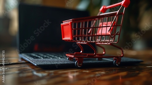 A vibrant red shopping cart atop a closed laptop with a dark matte finish set on a wooden surface. The carta??s glossy texture reflects light emphasizing its contrast with the laptop photo