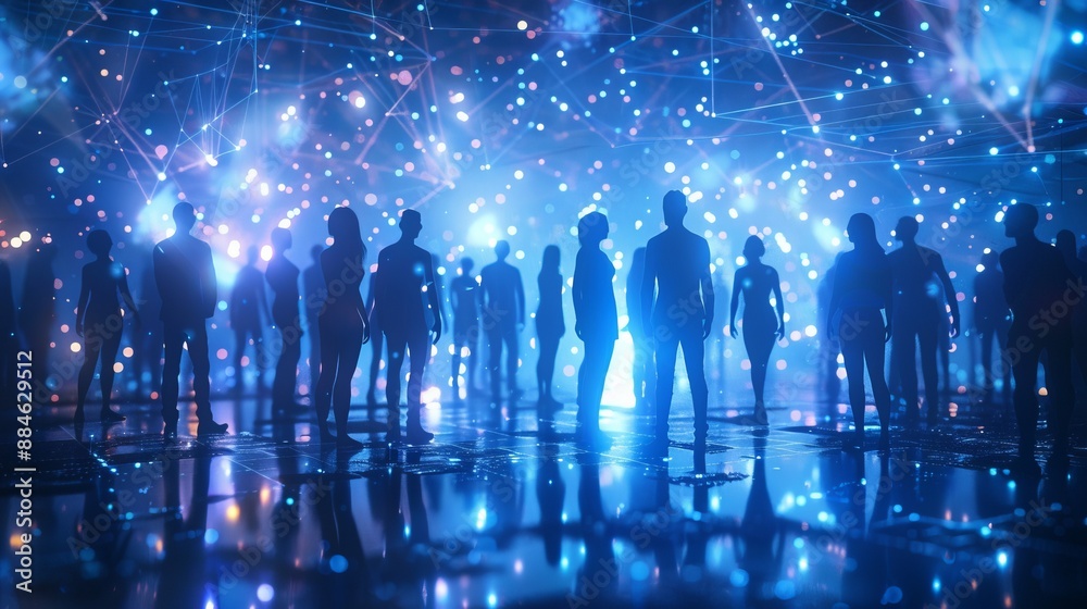 Silhouettes of numerous people networking at a high-tech, futuristic event filled with sparkling lights and holographic visuals, symbolizing connectivity and modern advancements. Silhouettes of numerous people networking at a high-tech, futuristic event filled with sparkling lights and holographic visuals, symbolizing connectivity and modern advancements.