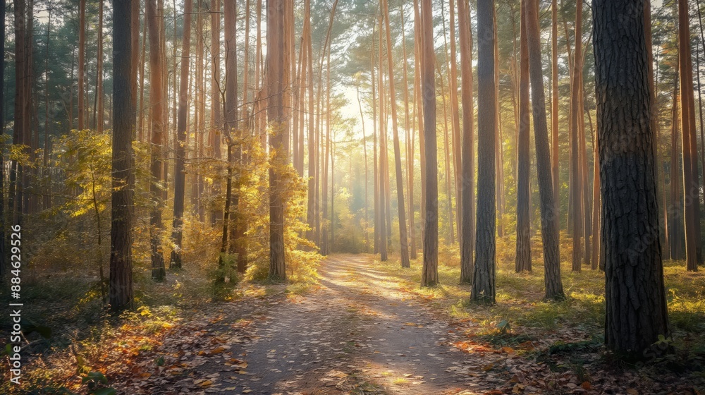 Naklejka premium Tranquil Forest Path with Sunlight Streaming Through Tall Trees