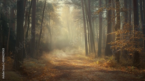 Misty Autumn Forest Path with Sunlight Filtering Through Trees © Sol Revolver Group