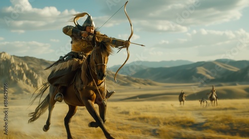 Mongol Archer Warrior on Horseback Aiming Bow in Expansive Desert Landscape