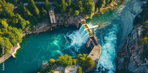 Aerial view of a hydroelectric dam on a river, generating green, renewable power. Use of flowing water for energy and electricity production. Sustainability and environmental protection concept. photo