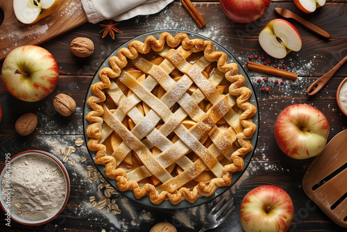 Delicious traditional apple pie made of fresh red apples with cinnamon on a black table. There are red apples, flour, oatmeal, and walnuts nearby. View from above. Menu, recipe