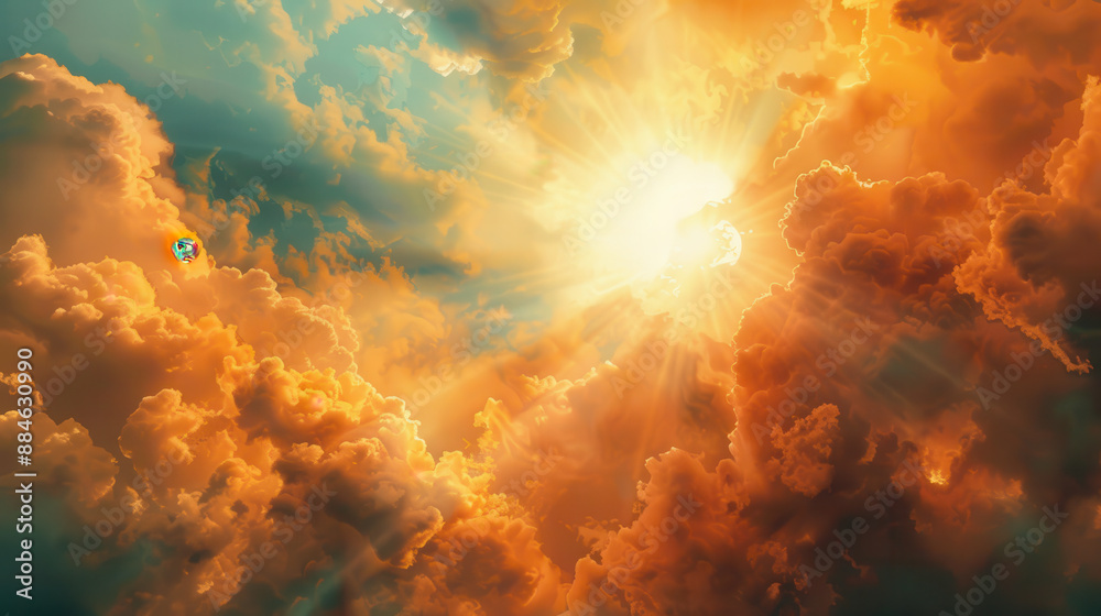 An artistic depiction of the sun peeking through thick clouds, rays of light fanning out and illuminating the sky. The clouds are painted in rich, warm tones of orange and yellow An artistic depiction of the sun peeking through thick clouds, rays of light fanning out and illuminating the sky. The clouds are painted in rich, warm tones of orange and yellow