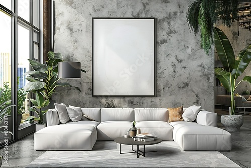 Contemporary living room with faux poster frame against backdrop of upscale apartment. Sleek 3D decor. © Azar