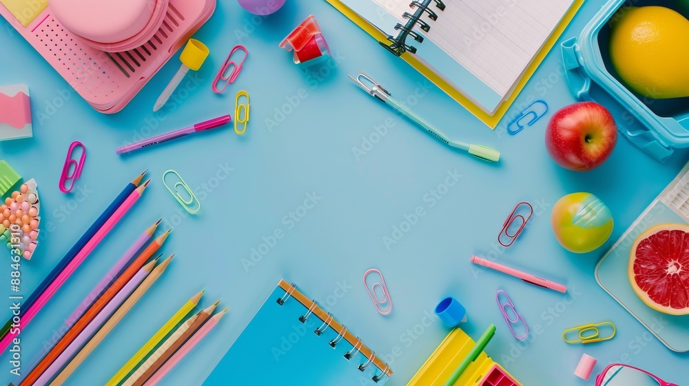 A lively collection of school supplies such as notebooks, pens, pencils, clips, and fruit arranged on a blue background, blending education and healthy living. A lively collection of school supplies such as notebooks, pens, pencils, clips, and fruit arranged on a blue background, blending education and healthy living.