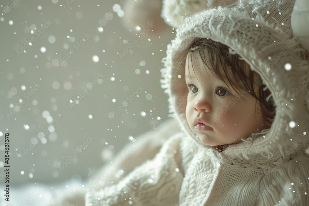 Serene child gazes out, enveloped in a gentle snowfall, wearing a cozy knitted hood Serene child gazes out, enveloped in a gentle snowfall, wearing a cozy knitted hood