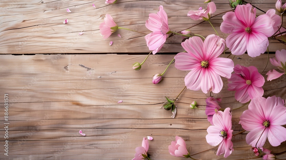 Beautiful Pink Cosmos Flowers on Rustic Wooden Background - Perfect for Floral Themes, Nature Blogs, and Spring Celebrations Beautiful Pink Cosmos Flowers on Rustic Wooden Background - Perfect for Floral Themes, Nature Blogs, and Spring Celebrations
