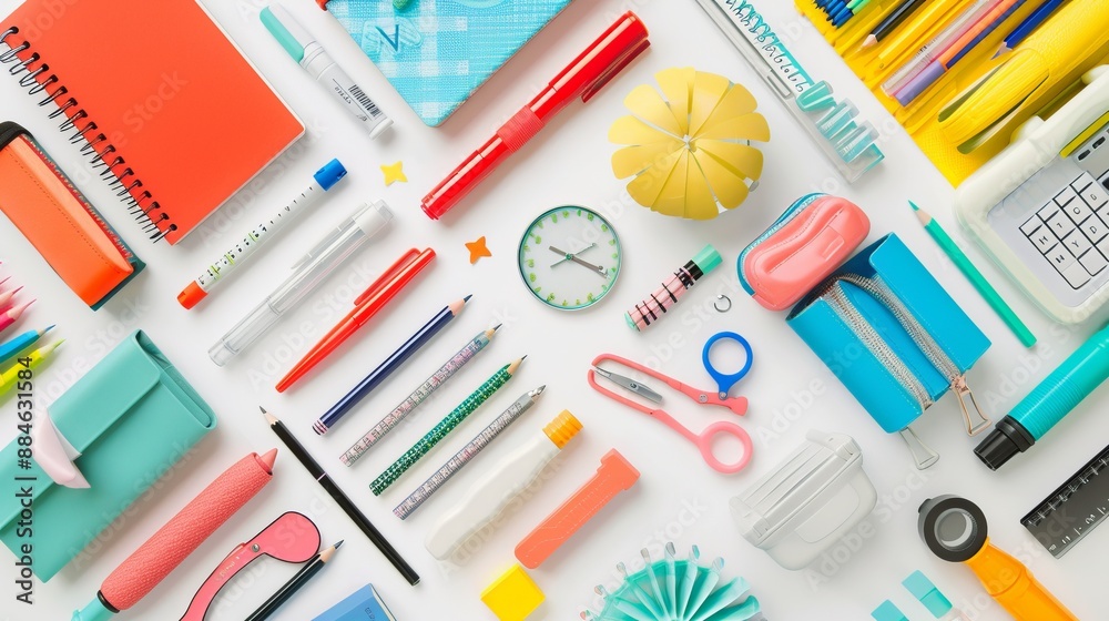 A white surface featuring an array of neatly arranged school supplies, highlighting different pencils, pens, scissors, markers, notebooks, a clock, glue stick, and more stationery items. A white surface featuring an array of neatly arranged school supplies, highlighting different pencils, pens, scissors, markers, notebooks, a clock, glue stick, and more stationery items.