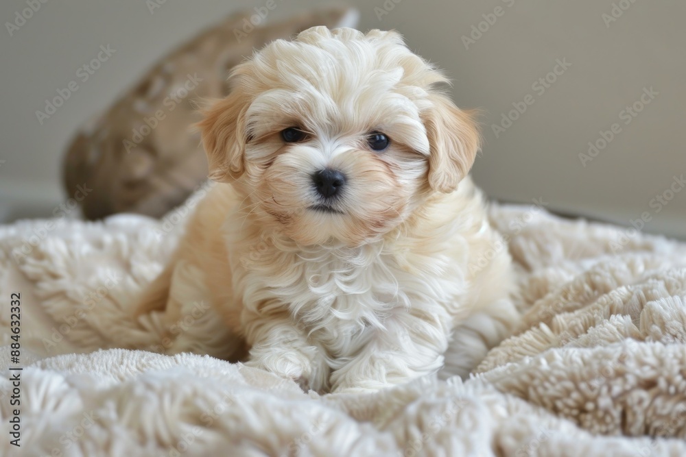 Cute small fluffy puppy lying comfortably on a cozy blanket with a warm and soft look