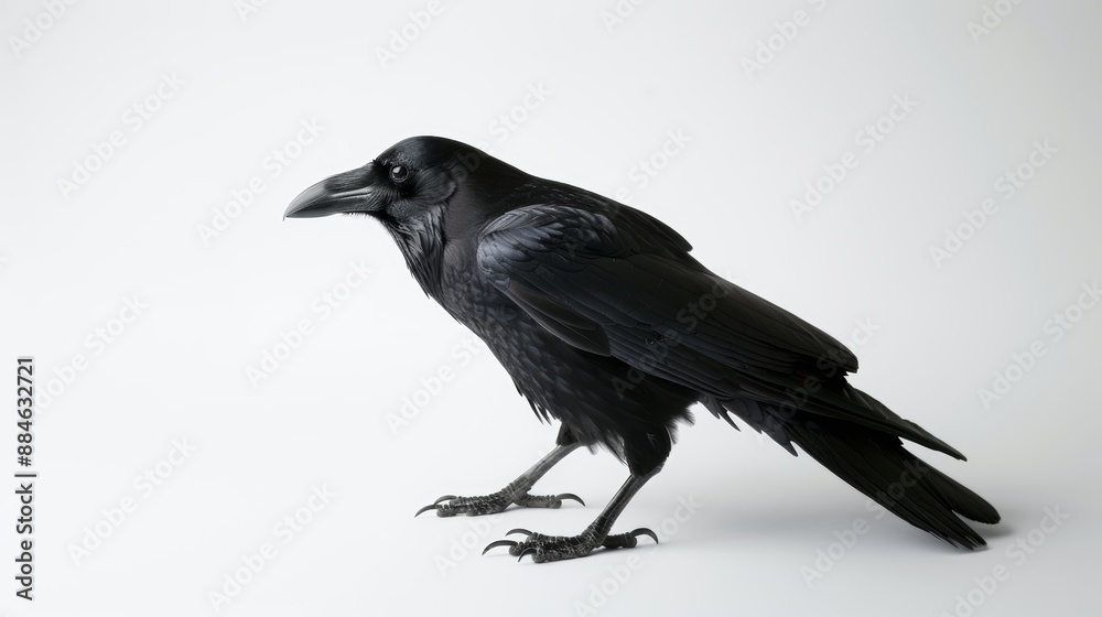 Obraz premium Large black raven is standing on a white background, its black feathers gleaming in the light