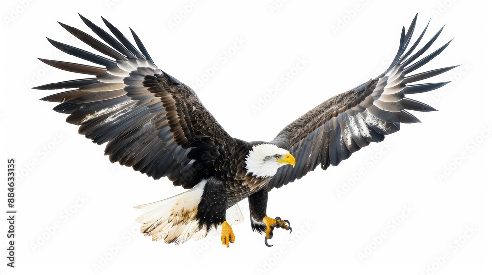 Powerful bald eagle spreads its wings and soars, displaying its majestic grace and strength Powerful bald eagle spreads its wings and soars, displaying its majestic grace and strength