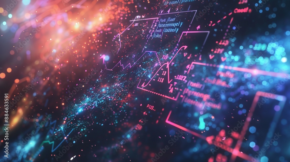Fototapeta premium The image features digital financial graphs and charts with data points, illustrating analytical tools used for financial forecasting and economic evaluations.