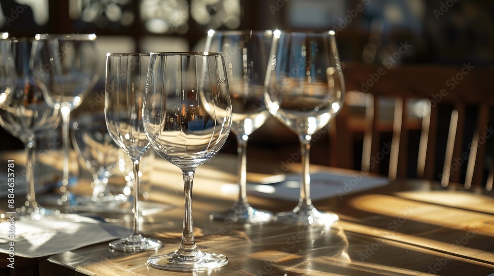 The image features several clean, empty wine glasses arranged neatly on a wooden table, with sunlight streaming through the windows casting reflections and shadows on the table surface. The image features several clean, empty wine glasses arranged neatly on a wooden table, with sunlight streaming through the windows casting reflections and shadows on the table surface.