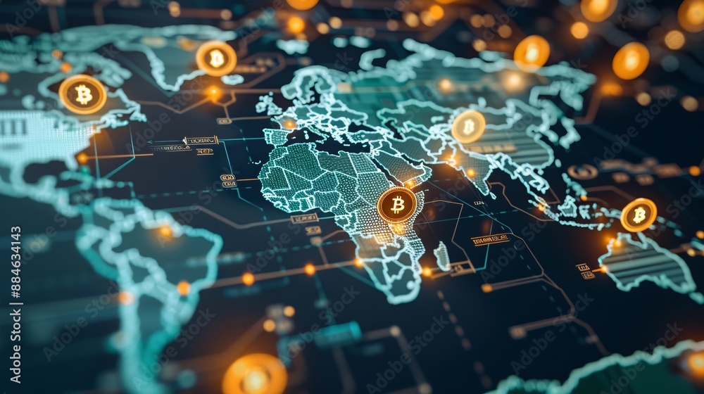 This image focuses on Africa, featuring a Bitcoin network data visualization on a digital map with connected lines and glowing Bitcoin symbols, representing African digital finance. This image focuses on Africa, featuring a Bitcoin network data visualization on a digital map with connected lines and glowing Bitcoin symbols, representing African digital finance.