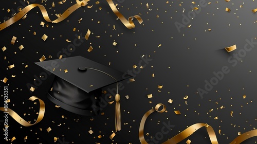 A sleek image showcasing a black graduation cap surrounded by elegant golden ribbons and confetti, representing the sophistication and celebration of academic success and completion.