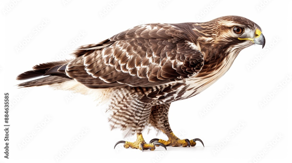 Falcon with brown and white plumage perched on a white surface, gazing to the right of the frame Falcon with brown and white plumage perched on a white surface, gazing to the right of the frame