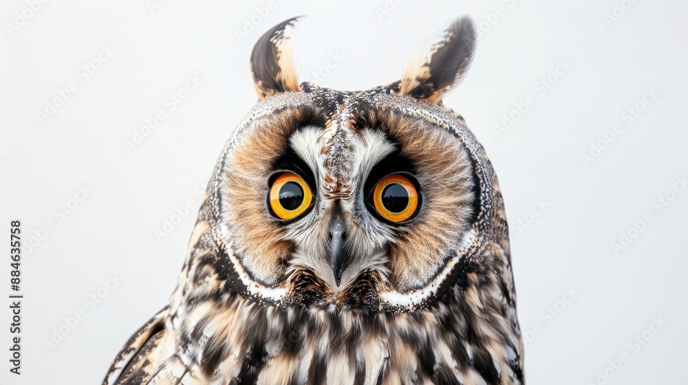 Fototapeta premium Gorgeous long-eared owl gazes intensely with yellow eyes against a white backdrop