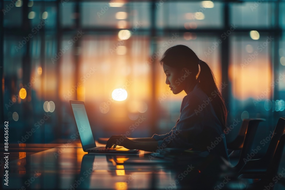 A woman sits at a table with a laptop, focusing on her work A woman sits at a table with a laptop, focusing on her work