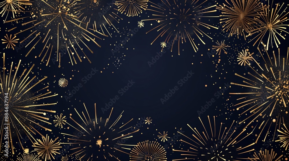 Naklejka premium Frame made from golden sparks and firecrackers on black background with copy space. Festive fireworks for celebration Christmas, birthday, event, holiday. Backdrop for design greeting card or banner