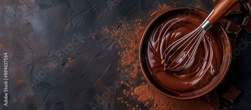 A bowl of chocolate sauce is sitting on a counter with a wooden spoon in it