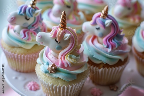 Closeup of delightful unicornthemed cupcakes adorned with pastel rainbow swirls photo