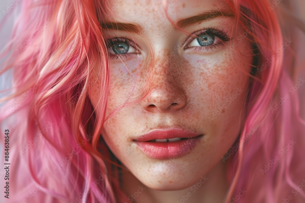 Intense portrait of a young woman with bright pink hair and natural freckles Intense portrait of a young woman with bright pink hair and natural freckles