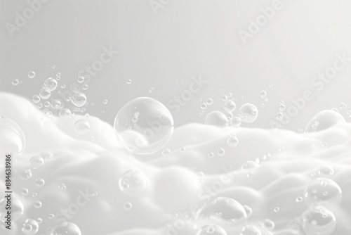 Close-Up of White Bubbly Foam Texture, Soapy Suds Background, top view. Abstract Clean and Fresh Washing or Cleansing Concept.
