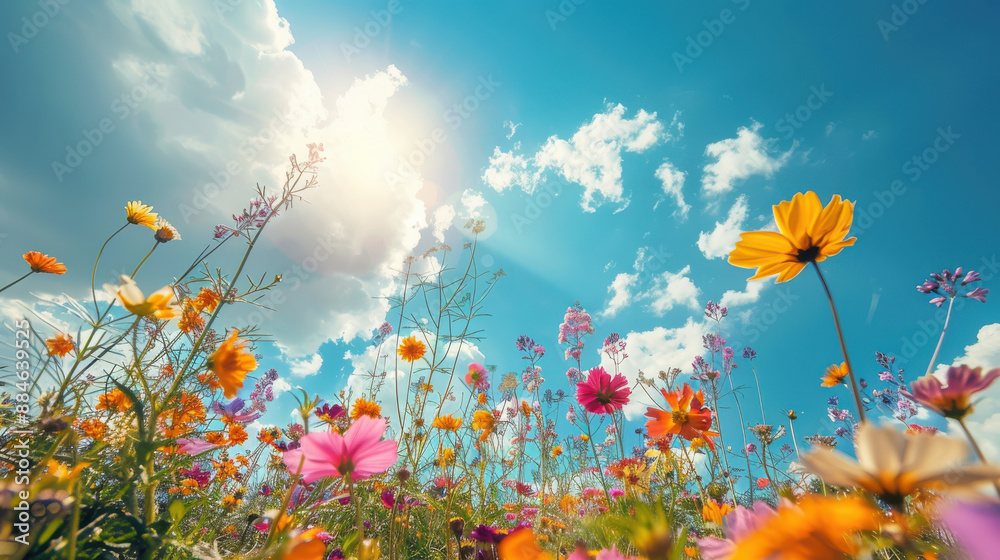 A photograph of a vibrant field of wildflowers, various colors, with a bright, sunny sky in the background A photograph of a vibrant field of wildflowers, various colors, with a bright, sunny sky in the background