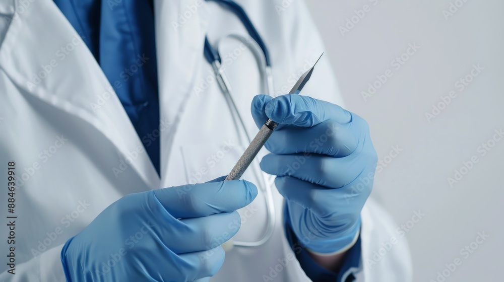 Close-up of doctor holding pen with blue gloves. Medical professional and healthcare concept. High-resolution image for educational purposes and health-related content. AI Close-up of doctor holding pen with blue gloves. Medical professional and healthcare concept. High-resolution image for educational purposes and health-related content. AI