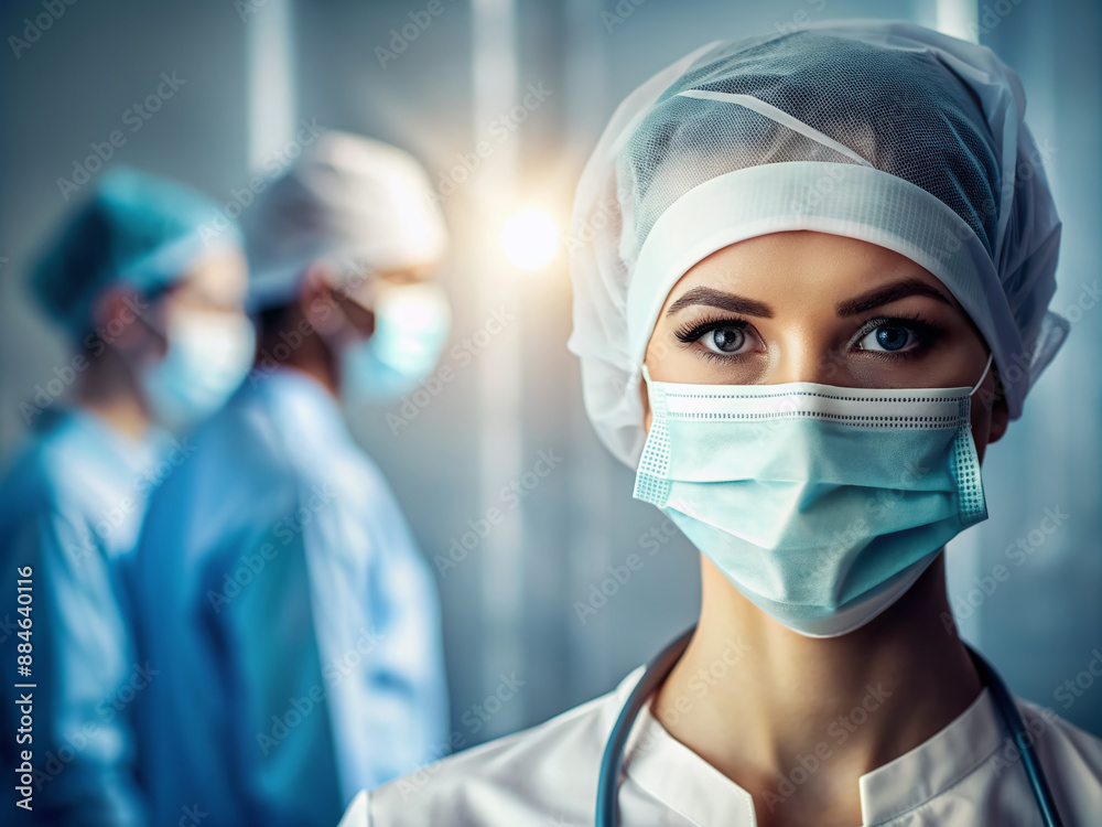 Close-up soft focus image of a vacant surgical banner featuring a silhouette of a female doctor in a medical gown and mask, evoking a sense of professionalism. Close-up soft focus image of a vacant surgical banner featuring a silhouette of a female doctor in a medical gown and mask, evoking a sense of professionalism.