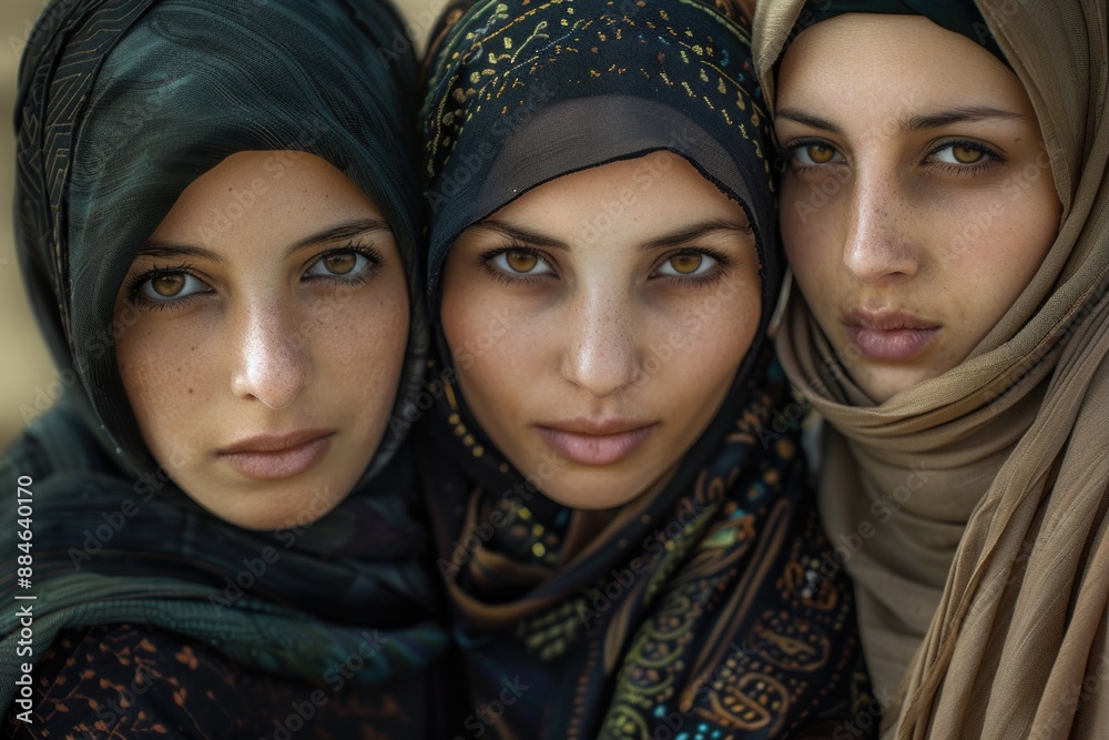 Three women posing for a photo shoot, all wearing headscarves Three women posing for a photo shoot, all wearing headscarves